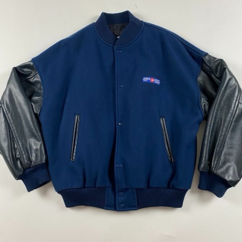 Vintage Canada Post Varsity Jacket Mens Large Wool Leather Blue Postes Canada